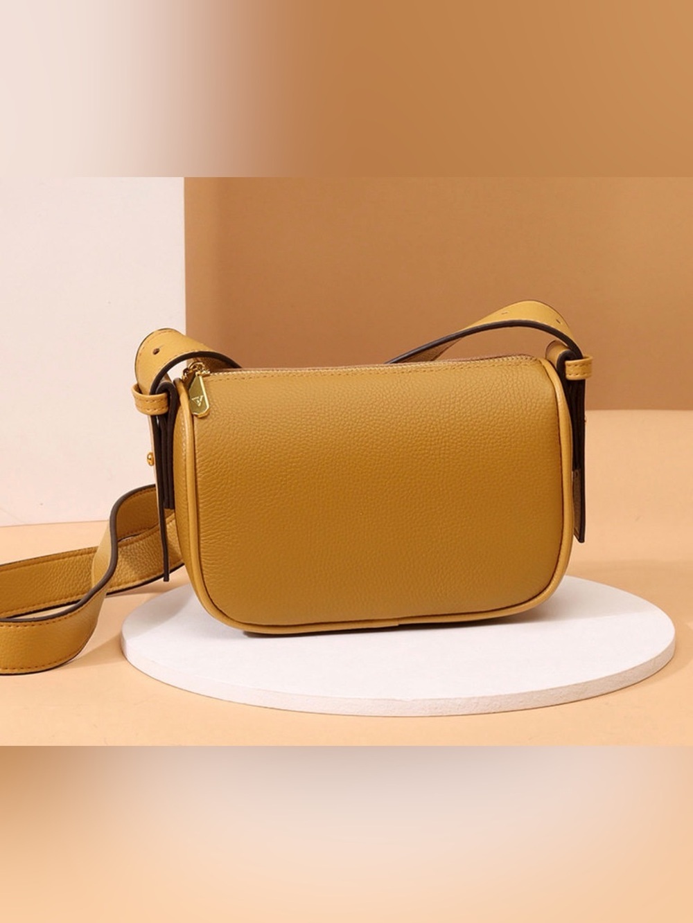 Pebbled Genuine Leather Crossbody Bag in Mustard Yellow